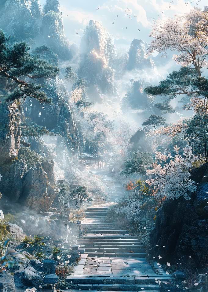 Mountain Path with Blossoms and Mist