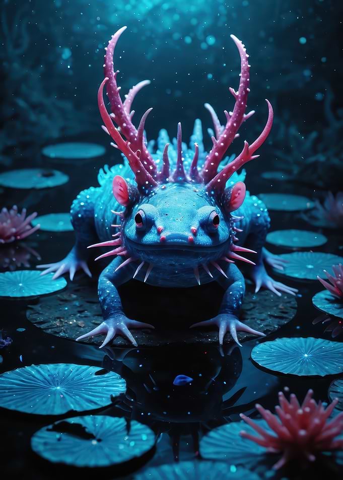 Bioluminescent Axolotl Fantasy — Neon Blue & Pink Amphibian