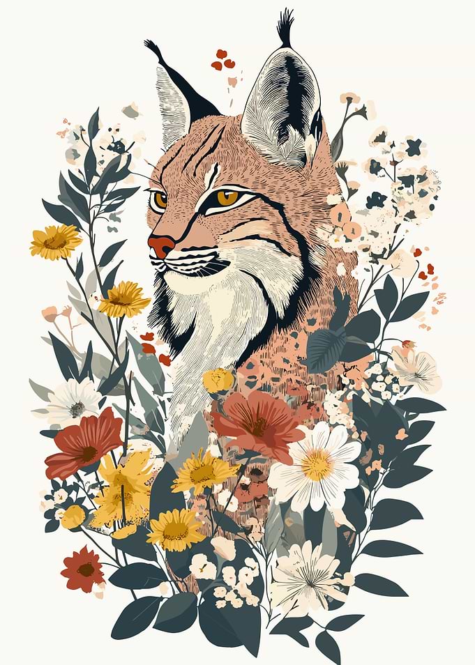 Lynx Portrait with Floral Arrangement