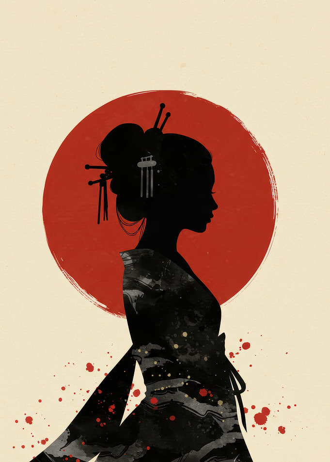 Geisha Silhouette with Red Sun