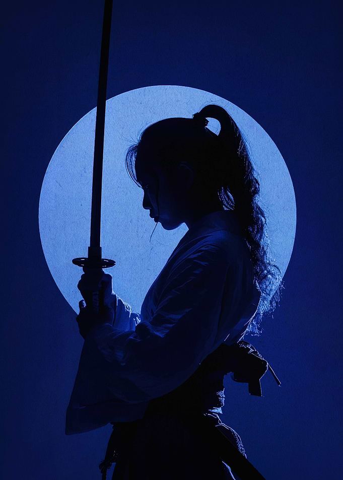 Blue Silhouette of a Samurai Woman