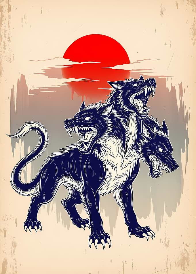 Cerberus Illustration with Red Sun