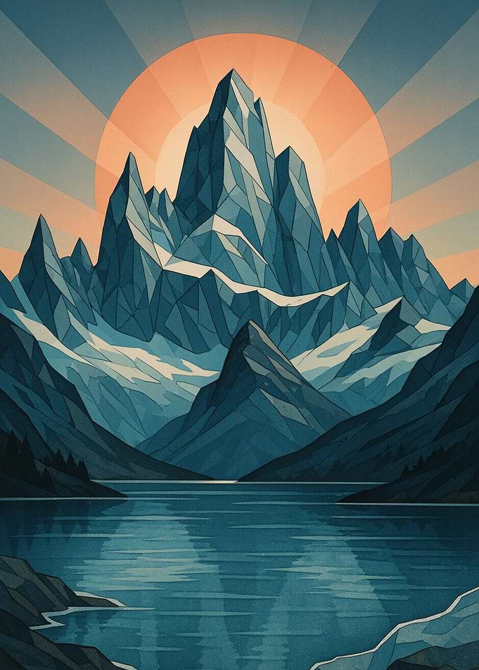 Geometric Mountain Landscape with Lake