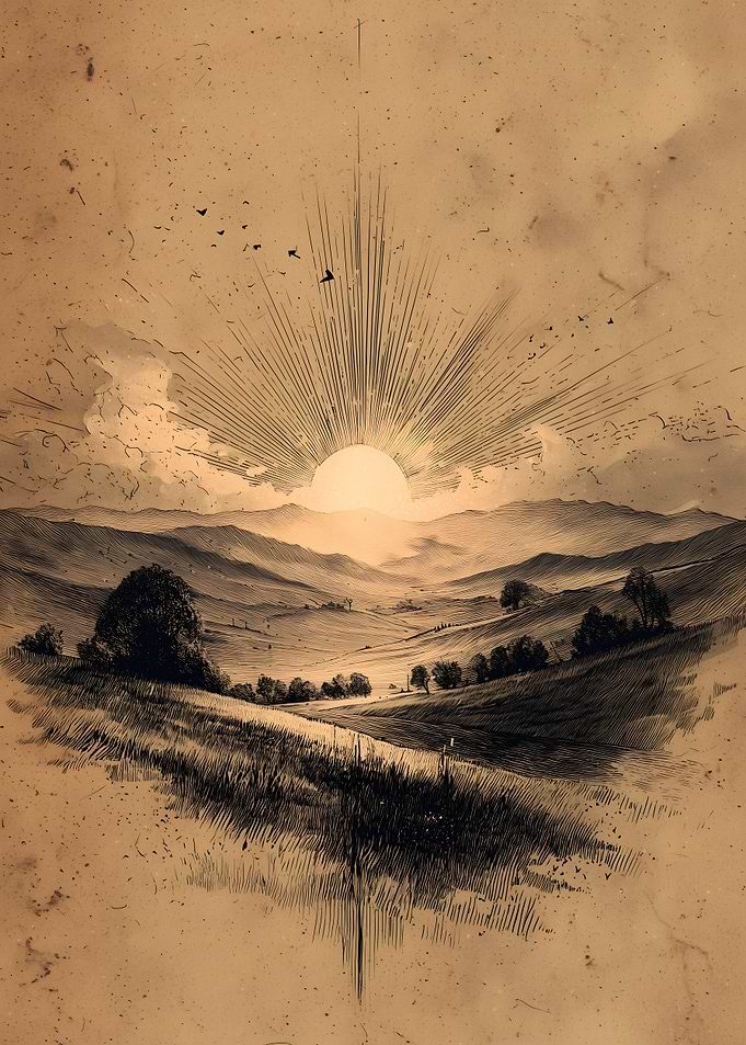 Sepia Landscape with Rising Sun