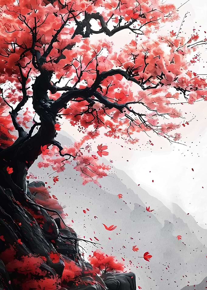 Red Blossom Tree Mountainside
