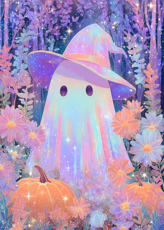 Pastel Halloween Ghost with Witch Hat