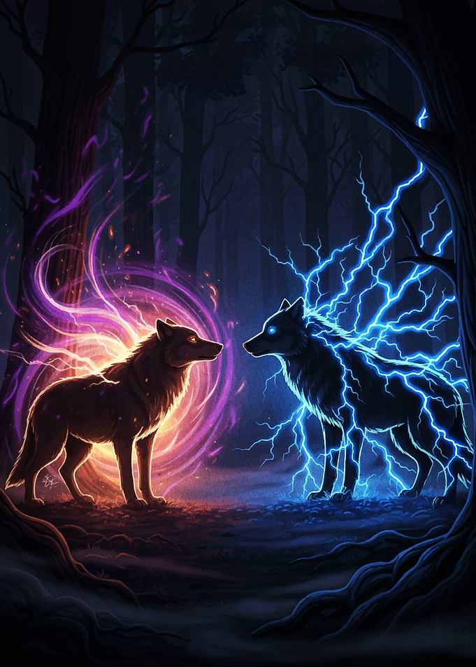 Elemental Wolves in Dark Forest
