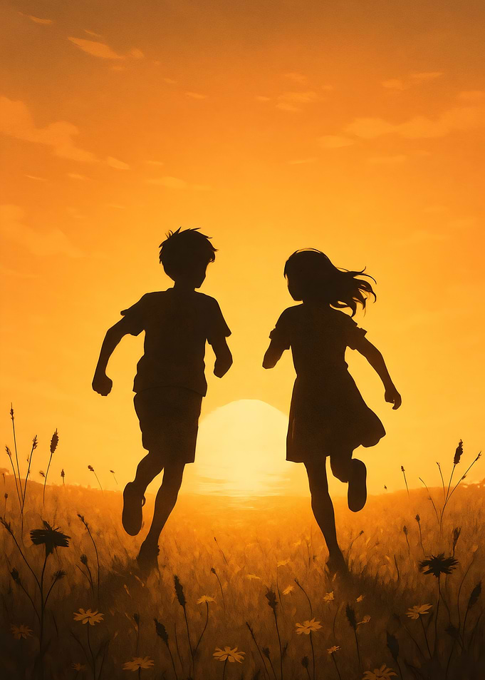 Children Running at Sunset Silhouette