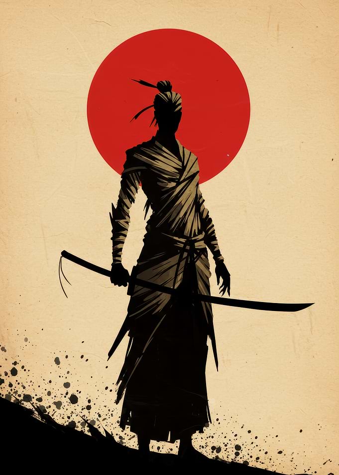 Samurai Silhouette with Red Sun