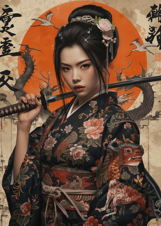 Asian Woman with Sword and Kimono