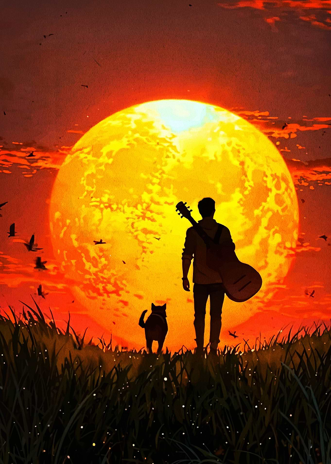 Sunset Walk with Guitar and Dog