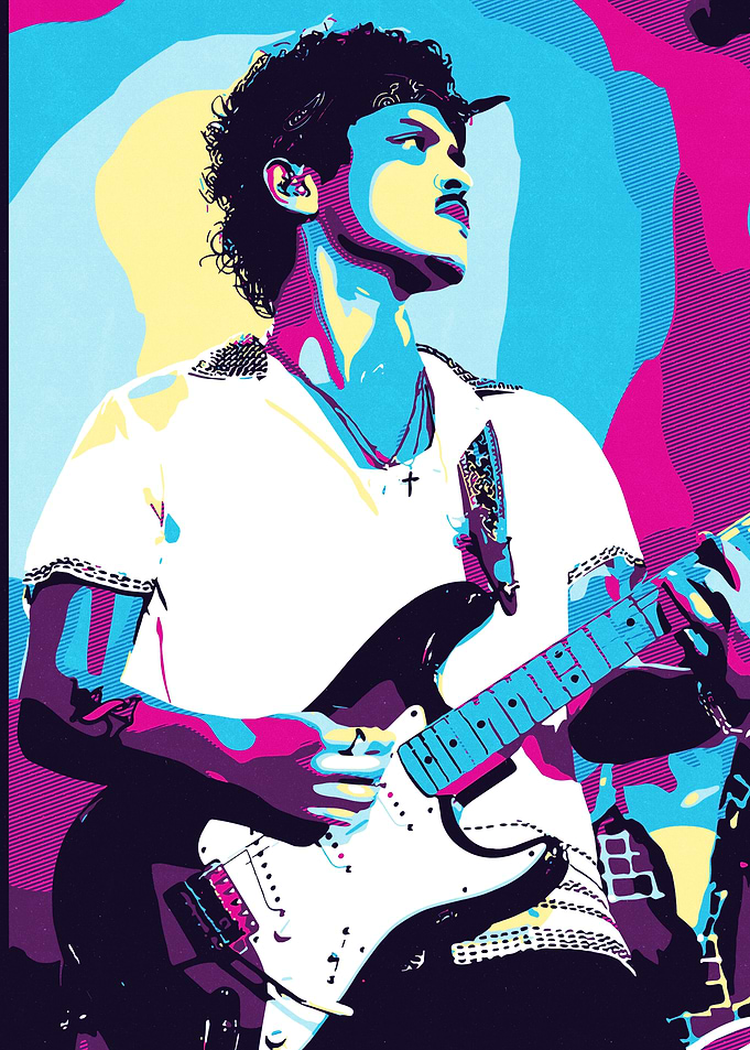 Bruno Mars playing guitar, pop art