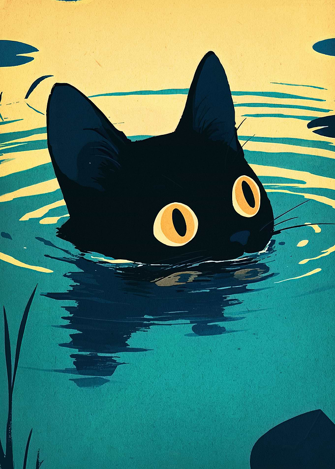 Black Cat Swimming in Pond Illustration