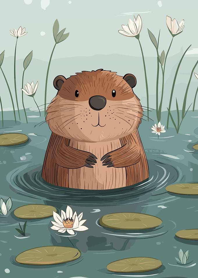 Cartoon Otter in Pond with Lilies