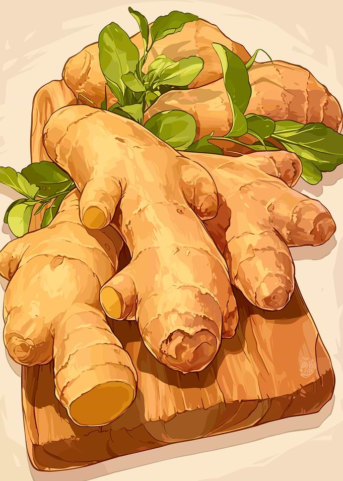 Ginger Roots on Wooden Board