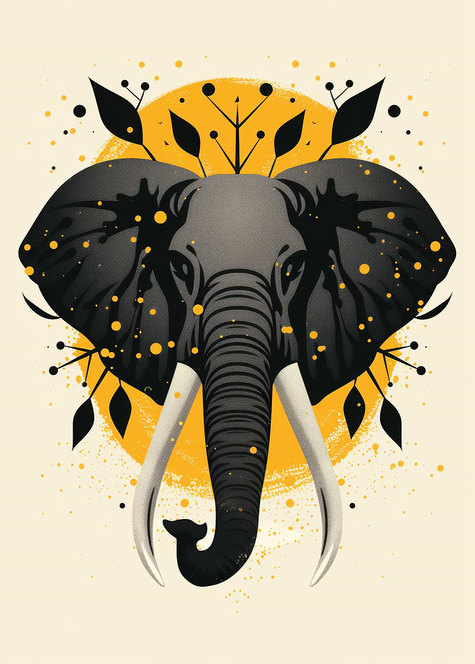 Elephant vector portrait with golden abstract circle