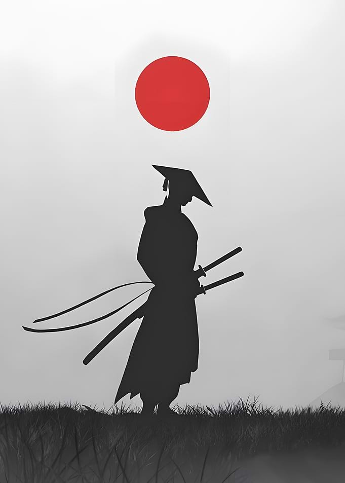 Silhouette of a Samurai with Red Sun