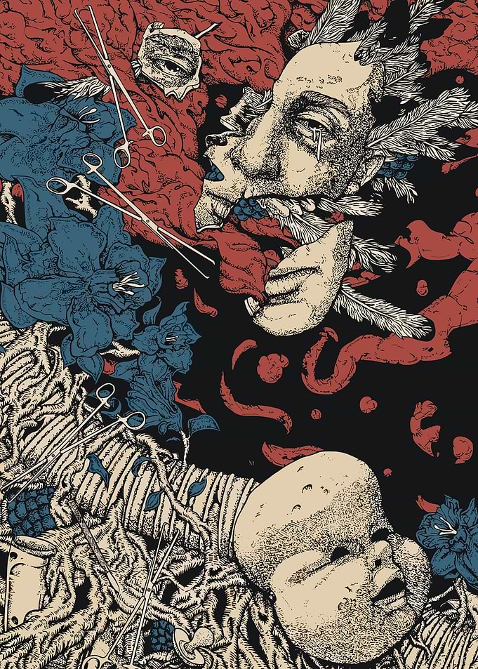 Surreal Medical Illustration with Faces and Tools