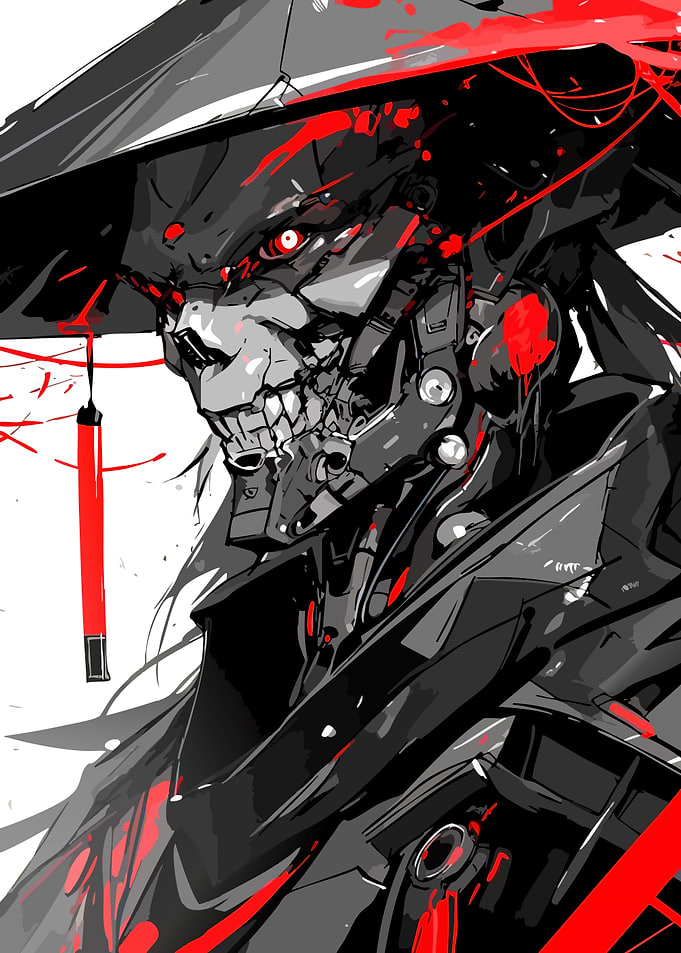 Cyberpunk Samurai Robot with Red Accents