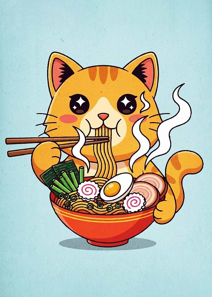 Cartoon Cat Eating Ramen Illustration