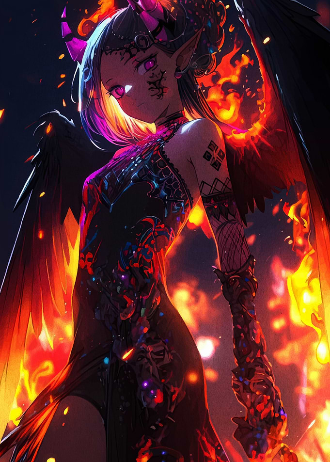 Anime Demon Girl with Wings and Fire