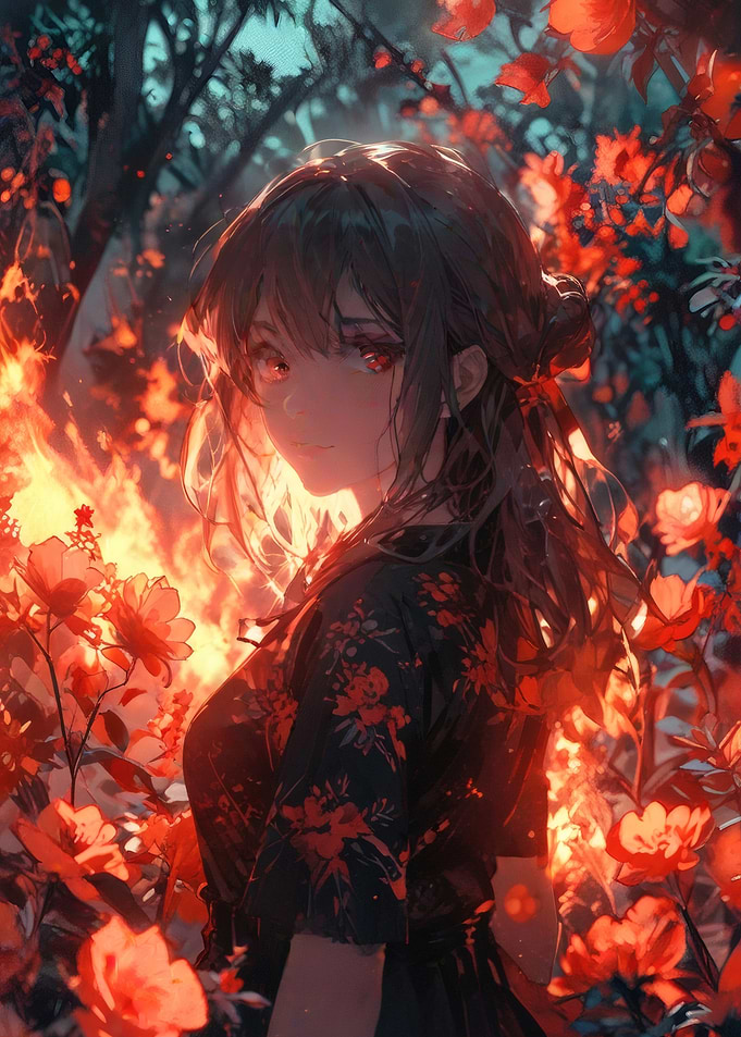 Anime Girl in Floral Setting