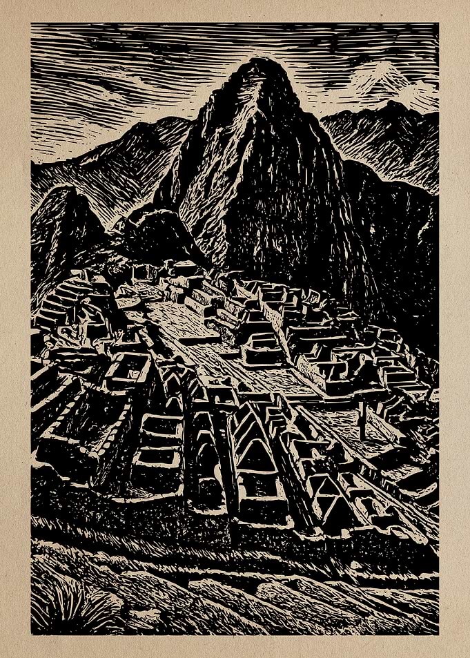 Machu Picchu Woodcut Illustration Art