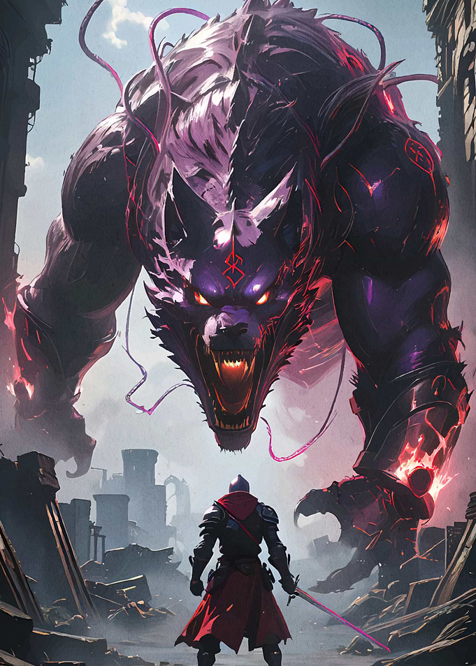 Knight facing monstrous wolf