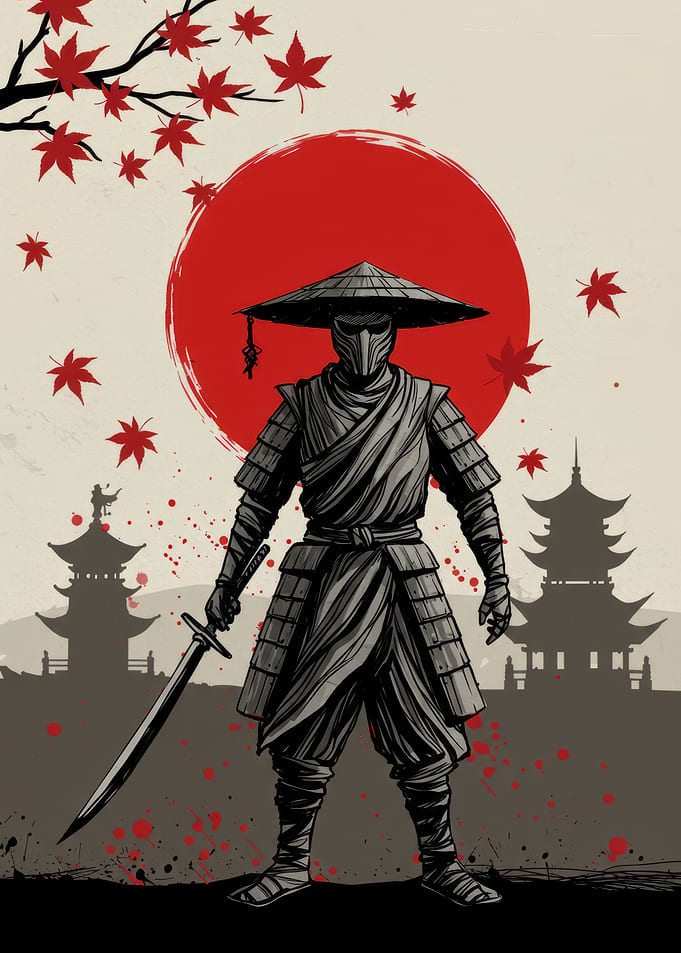 Samurai Warrior with Katana and Pagodas