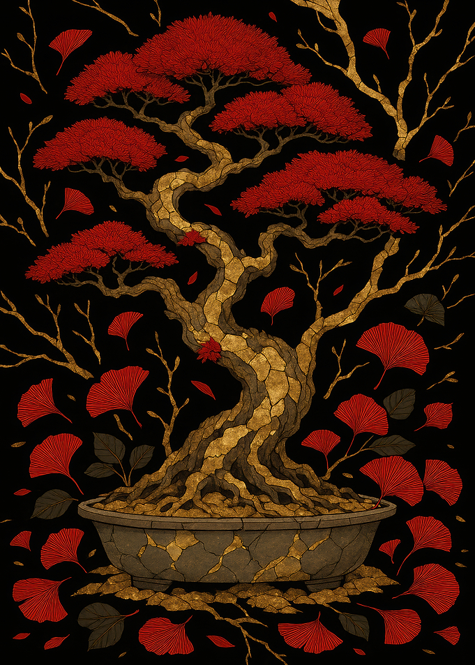 Red Bonsai Tree on Black Background