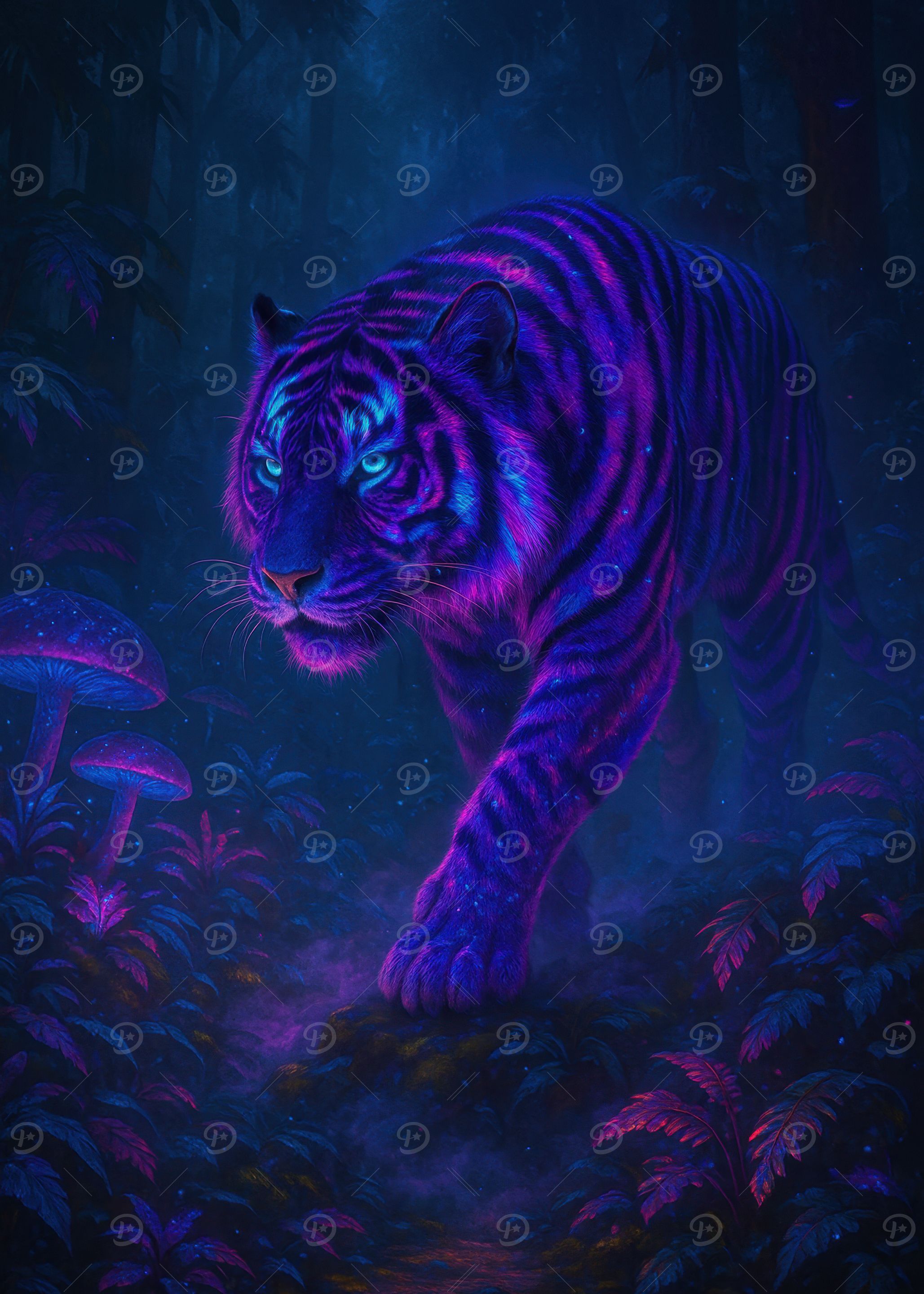 Neon Tiger in Enchanted Forest