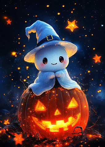 Cute Ghost on Pumpkin Halloween Night