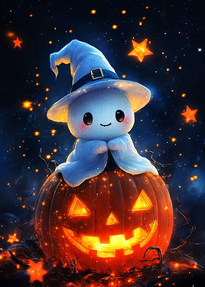 Cute Ghost on Pumpkin Halloween Night
