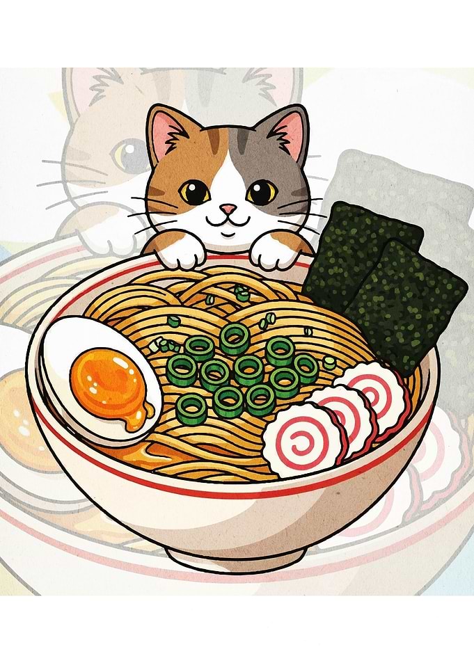 Cat with Ramen Bowl Illustration