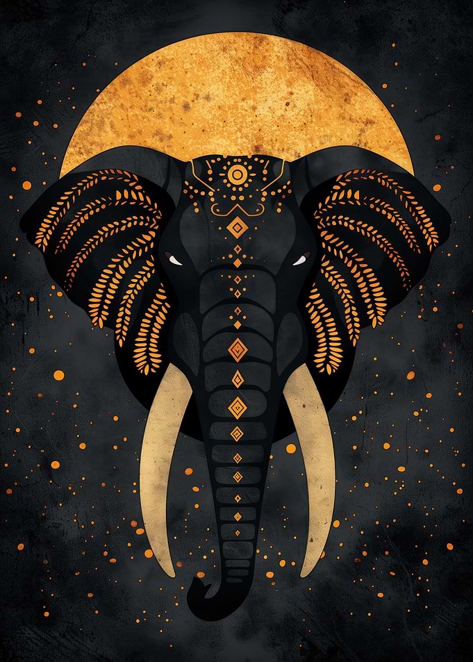 Sacred elephant vector portrait with golden moon