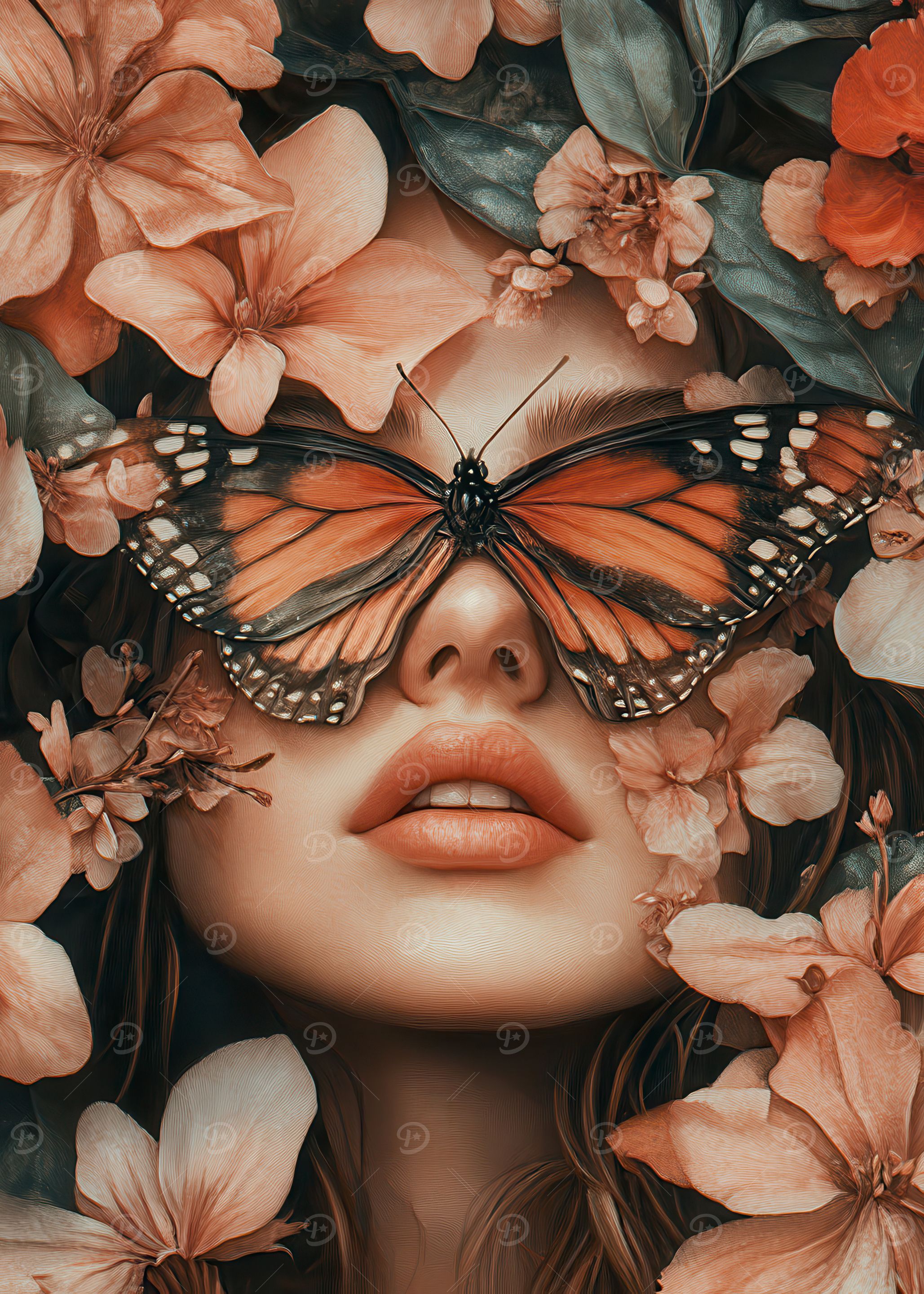 Woman with Butterfly Mask and Flowers