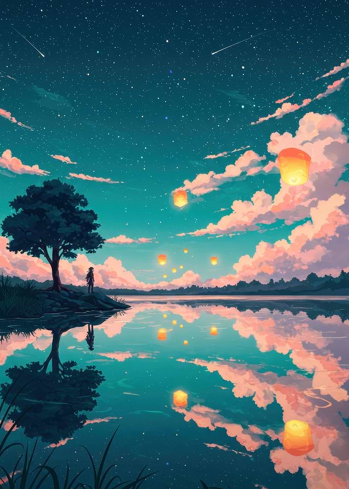 Night Sky Lanterns by Lake