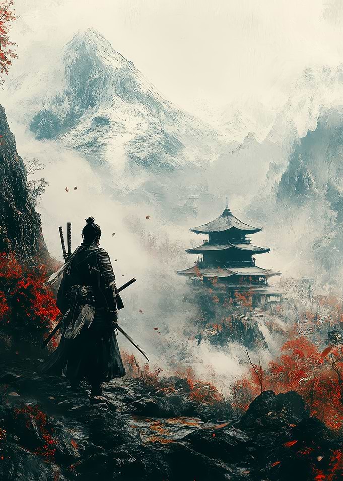 Samurai in Misty Mountain Landscape