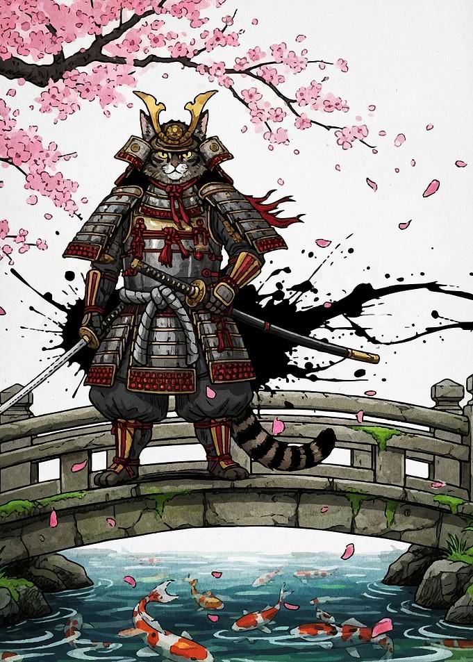 Samurai Cat on Bridge with Koi