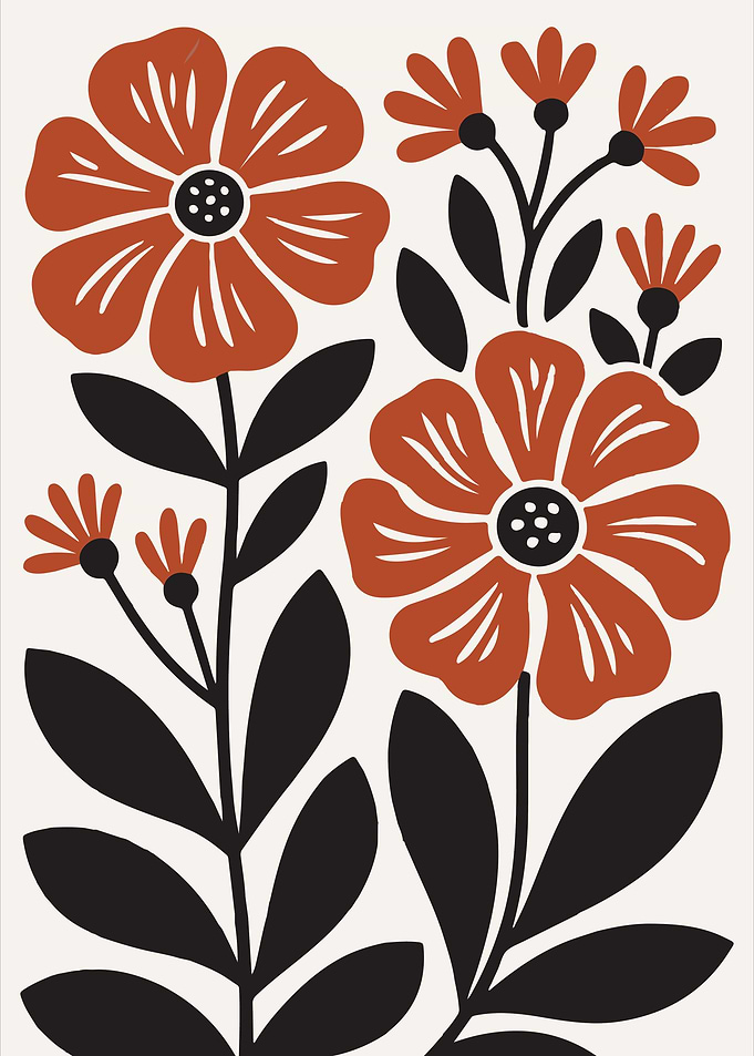 Floral Illustration with Orange Flowers and Leaves