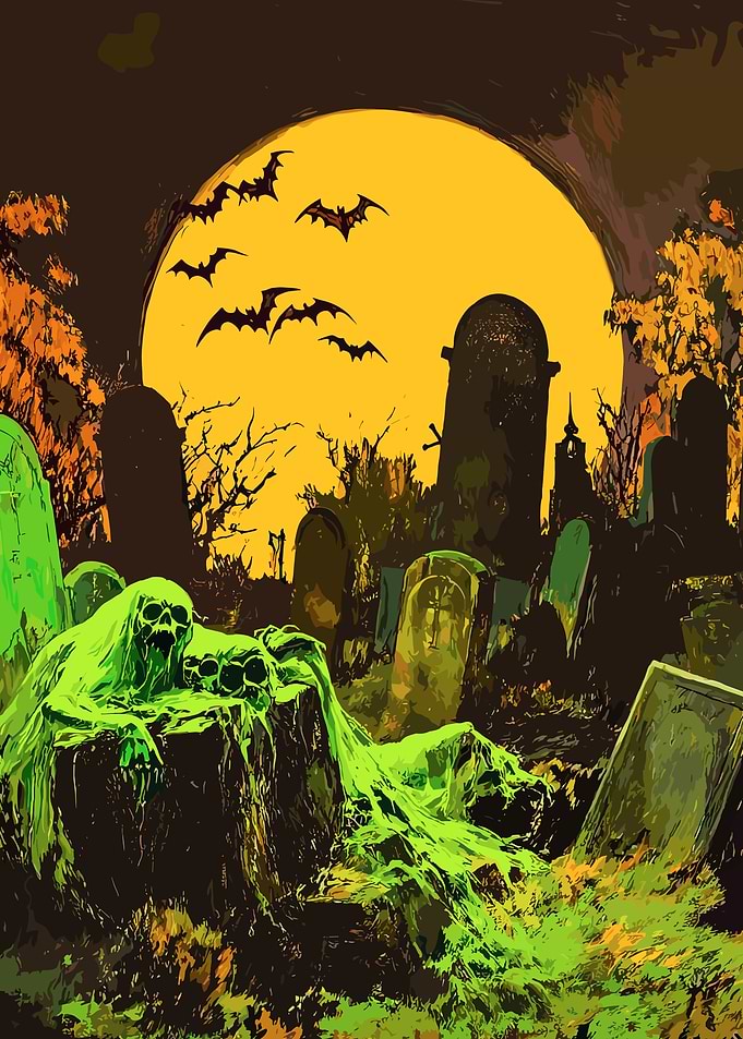 Halloween Graveyard with Glowing Skeletons and Bats