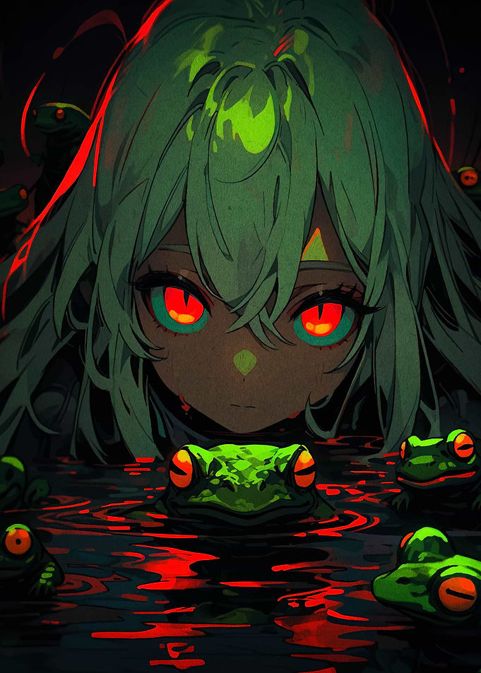 Anime Girl with Frogs in Dark Water