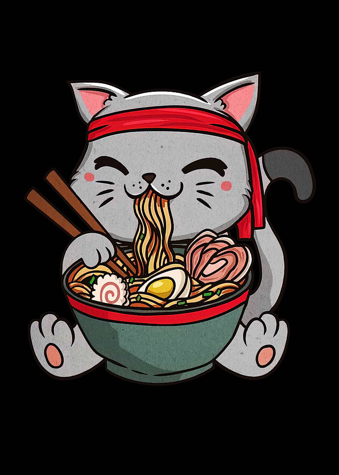 Cat Eating Ramen Cartoon Illustration