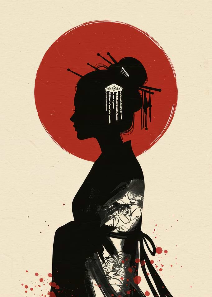 Silhouette of Geisha with Red Sun