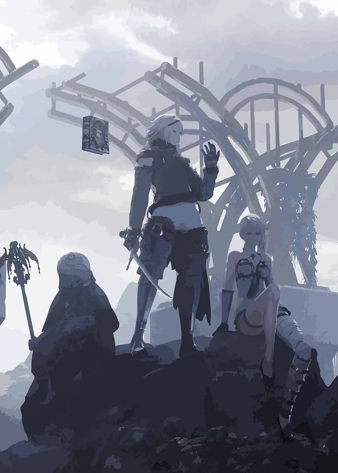 Nier Automata characters in a landscape