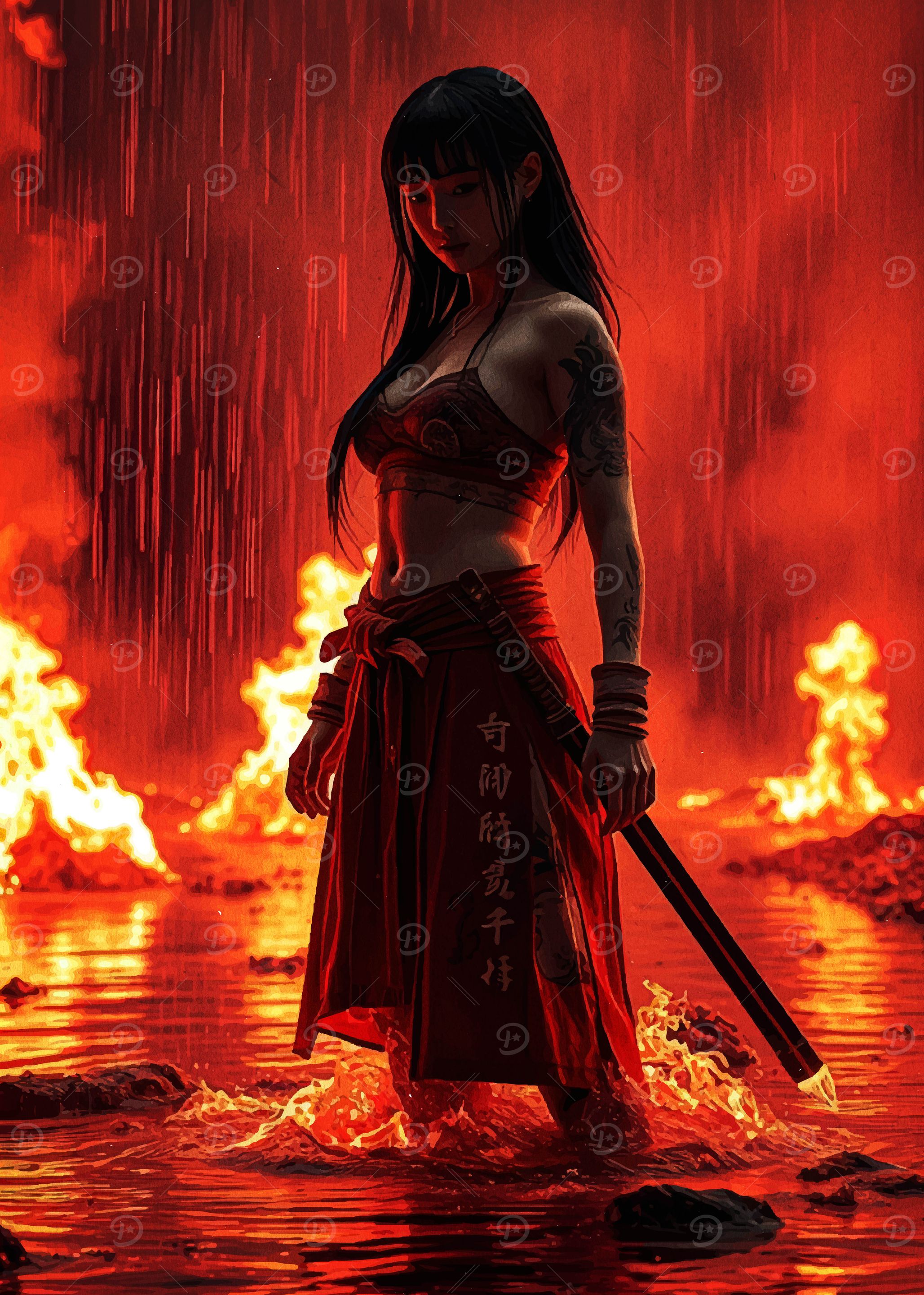 Fiery Samurai Woman with Katana