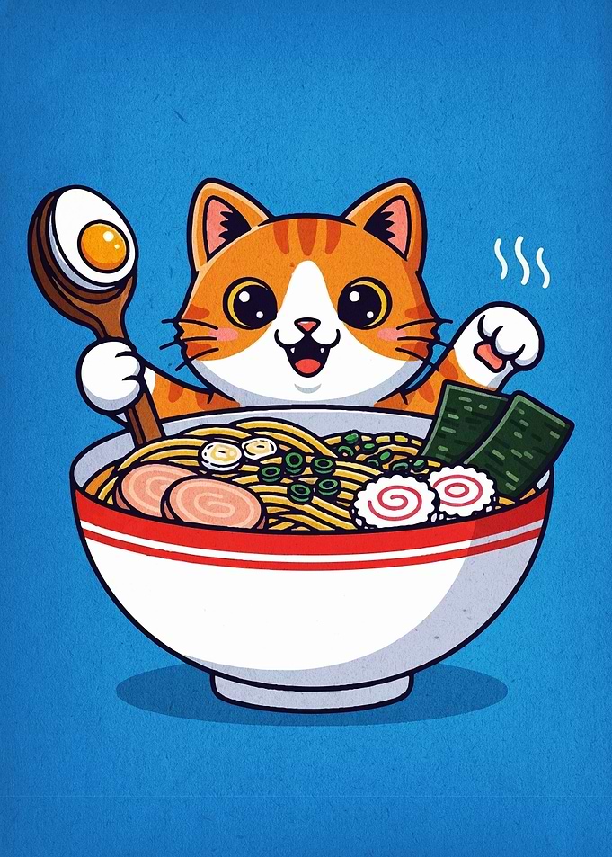 Cartoon Cat in Ramen Bowl