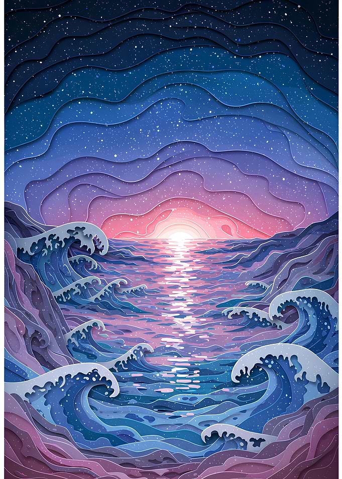 Ocean Waves at Sunset Paper Cut