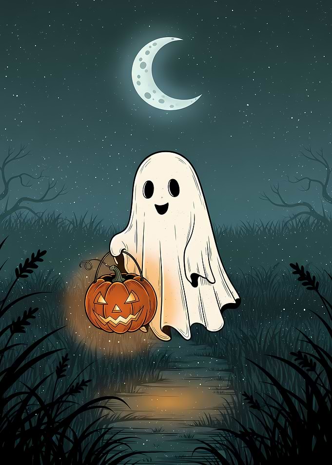 Vintage Halloween – Smiling Ghost with Glowing Jack-o’-Lantern