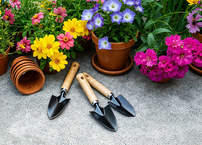Gardening tools and colorful potted flowers